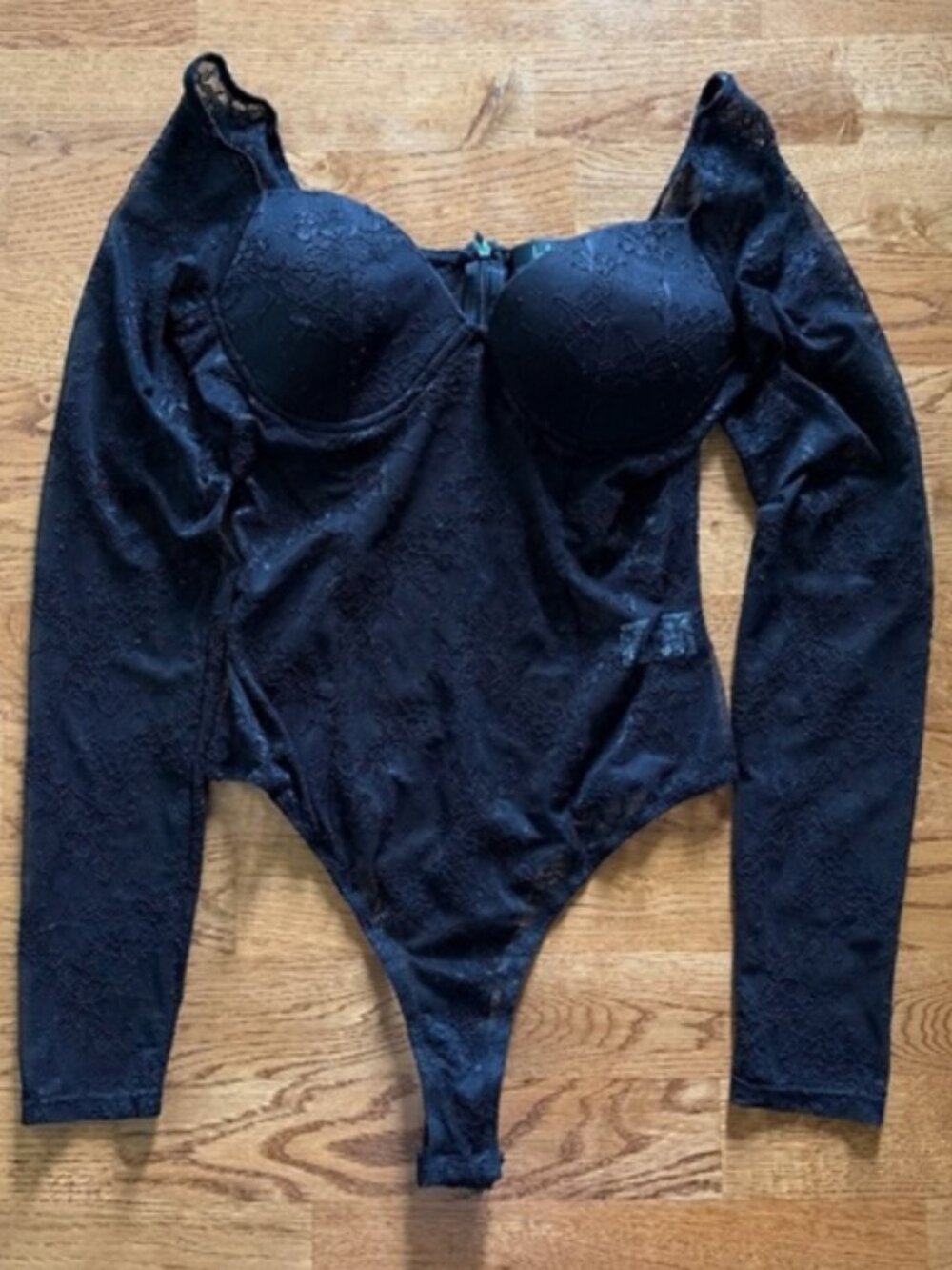 LULUS Tempting Romance Black Lace Bodysuit Top Long Sleeve S Sheer Cups Zip